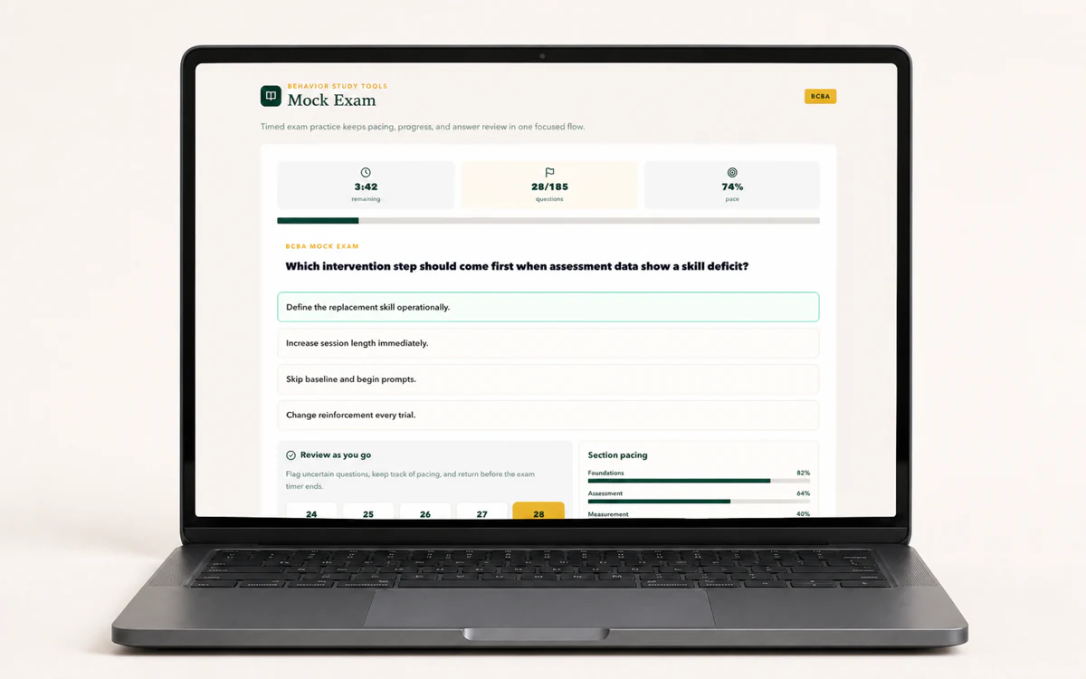 Behavior Study Tools timed BCBA mock exam displayed in the web app on a photorealistic laptop