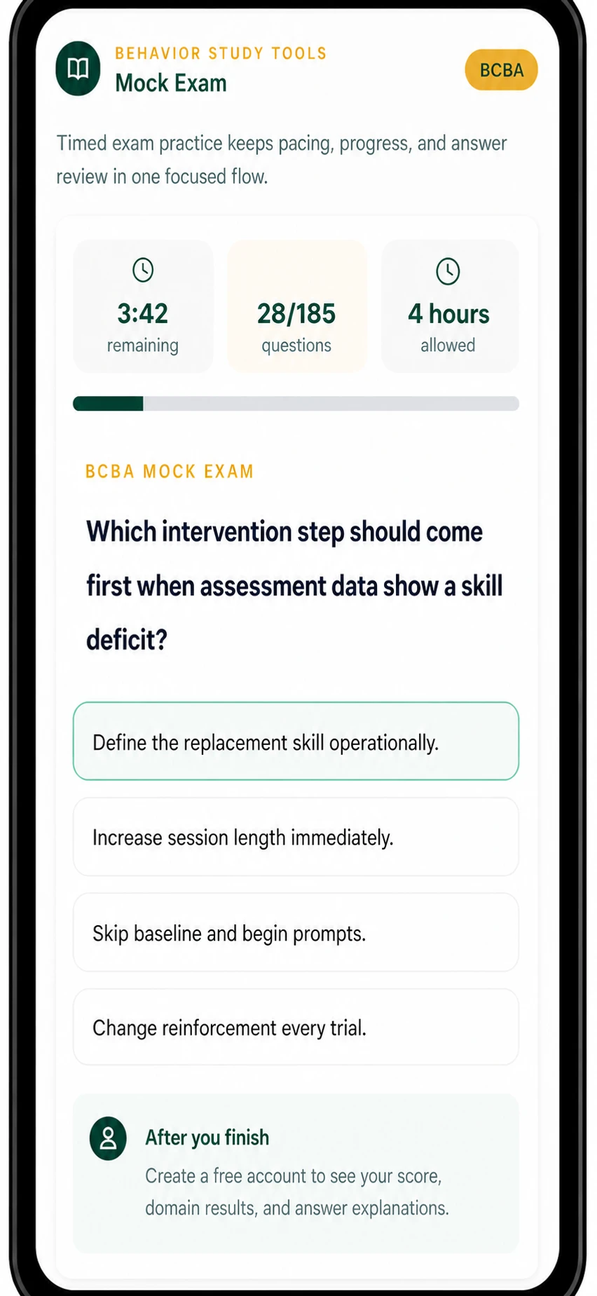 Behavior Study Tools timed BCBA mock exam with four hours allowed and answered-question progress